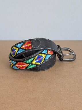 GAP Black Leather Belt with Multicolor Geometric Beaded Pattern